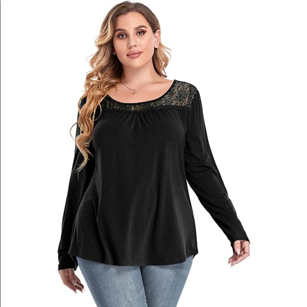 ZYFMAILY WOMEN'S PLEATED TOPS 2X ROUND NECK LACE BLOUSE SWING FLOWY LONG SLEEVE - Picture 7 of 11